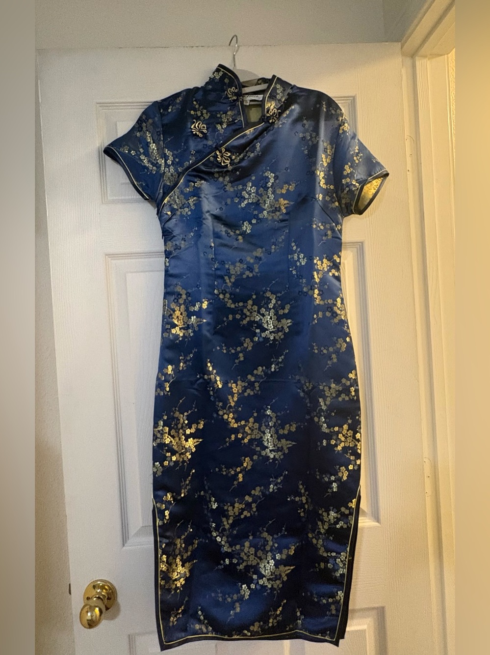 Blue Satin Cheongsam Midi Dress with Gold Floral Detail